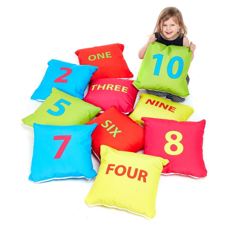 1-10 Number Cushions, A set of 10 Number cushions in bright colours with printed numbers on one side from 1 to 10. These Number cushions can be used for early number recognition. Also the attractive colours make these Number cushions useful for colour recognition. Showerproof and wipe clean, so ideal for use indoors or out. Includes two each of red, yellow, blue, green and pink cushions with contrasting number colours. Learn to count with this colourful Number cushion set featuring numbers 1 to 10. Size: 35
