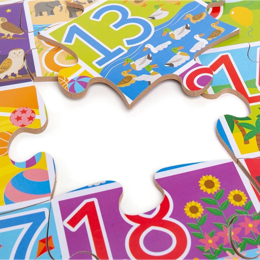 1-20 Floor Puzzle, Match up the colourful puzzle pieces in the correct order from 1 to 20.This fantastically simple educational 1-20 Floor Puzzle toy uses bright, bold colours and illustrations to help make counting and number recognition fun.Each colourful puzzle piece features a number of animals or objects, which add up to the number featured on the tile. Little ones can learn to recognise numbers, shapes and colours with these basic numeracy puzzles. They can also be encouraged to talk about what they c