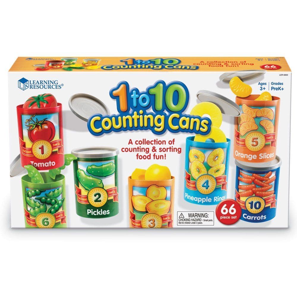 1 to 10 Counting Cans, The 1 to 10 Counting Cans from Learning Resources are colourful, familiar fruits and veggies which introduce early math and are great for imaginative play too! Introduce counting, number sense and sorting as children sort the realistically detailed fruit and vegetables into the corresponding cans. The 1 to 10 Counting Cans are labelled with numerals, words and pictures for guidance and reinforcement. Each can measures 80 × 100mm and they stack for easy storage. Teach counting, number 