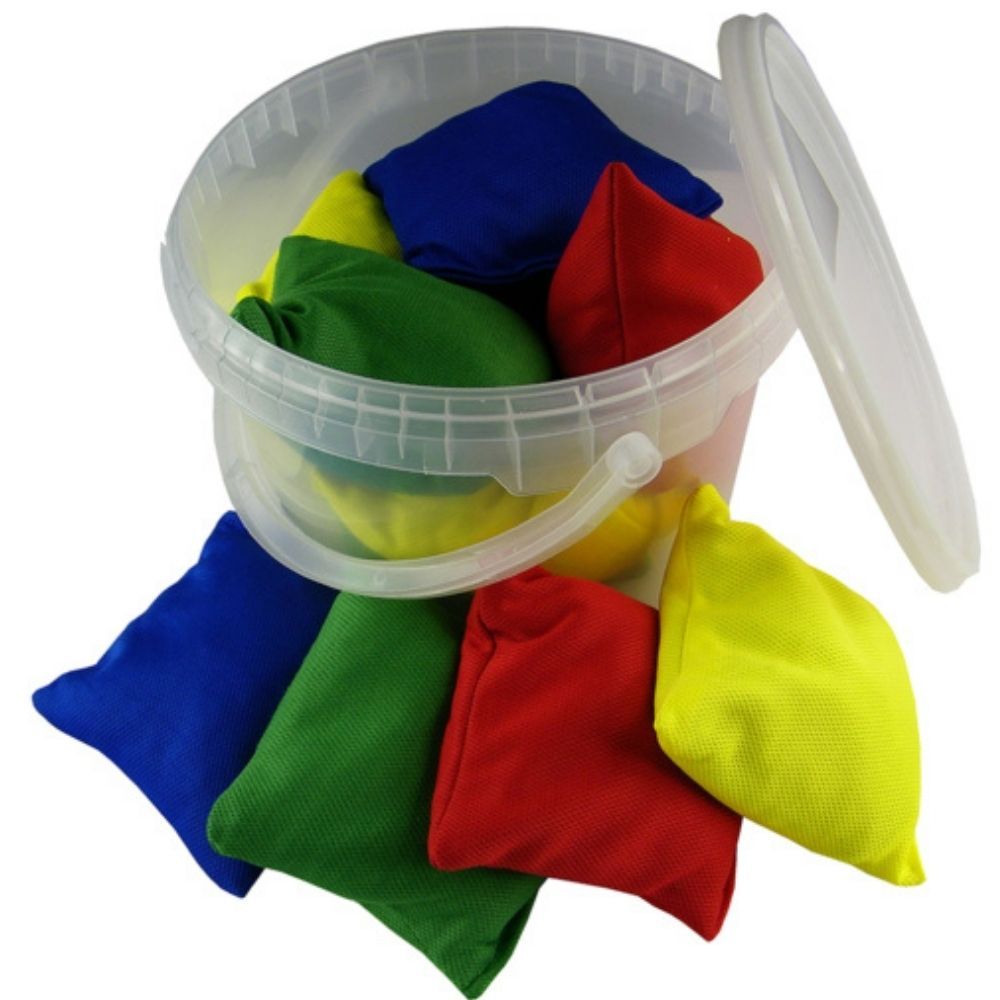 10 Pack Bean Bag Bucket, A fantastic set of 10 bean bags with a choice of colour options supplied in a easy to carry bucket. Cotton bean bags filled with natural beans all stored away with ease at the end of play. Just a couple of ideas for bean bags include Bean Bag Toss.This bean bag activity tub develops hand-eye coordination.Show your child how to toss a bean bag gently into the air and then catch again.Younger children can do a very gentle toss, older kids can toss just above head level. Increase the c