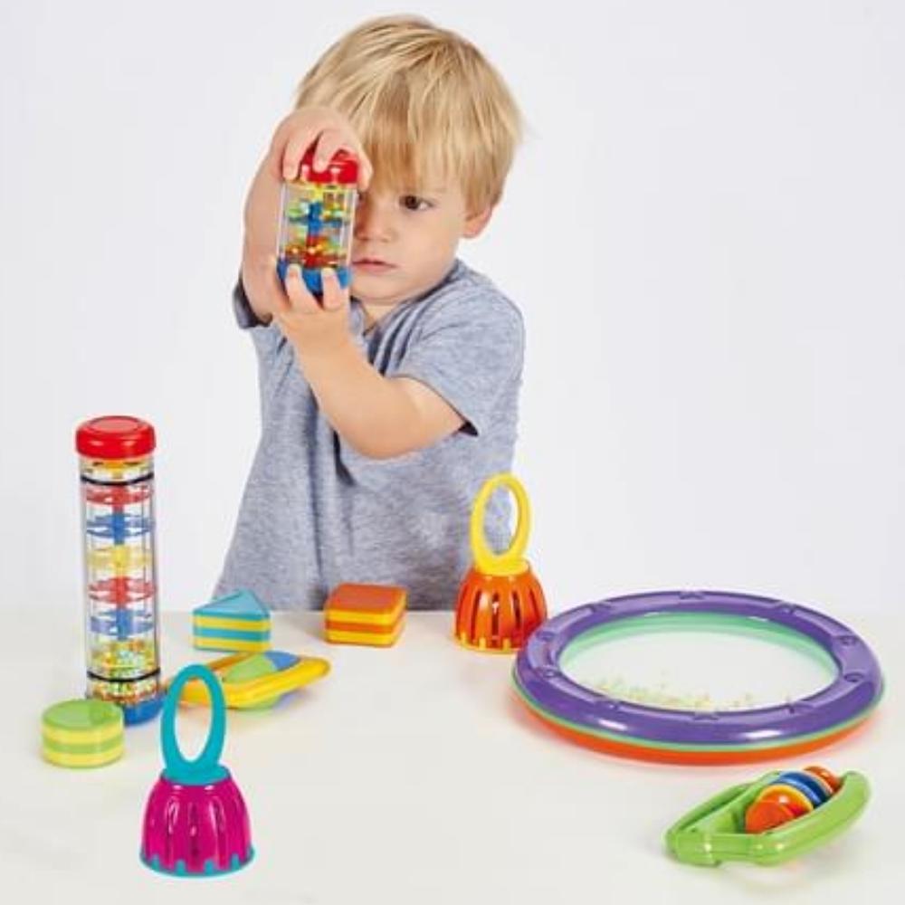 10 Piece Early Years Music Set, The Early Years Music Set is a colourful and practical 10-piece set of percussion instruments, ideal for young children to learn about sound and rhythm, and encouraging group participation in songs and dance. The Early Years Music Set is a fantastic resource for any early years setting or home setting and children will love to explore the musical instruments within the Early Years Music Set. Contents of the Early Years Music Set: 2 hand bells, 2 grip rattles, 3 hand shakers, 