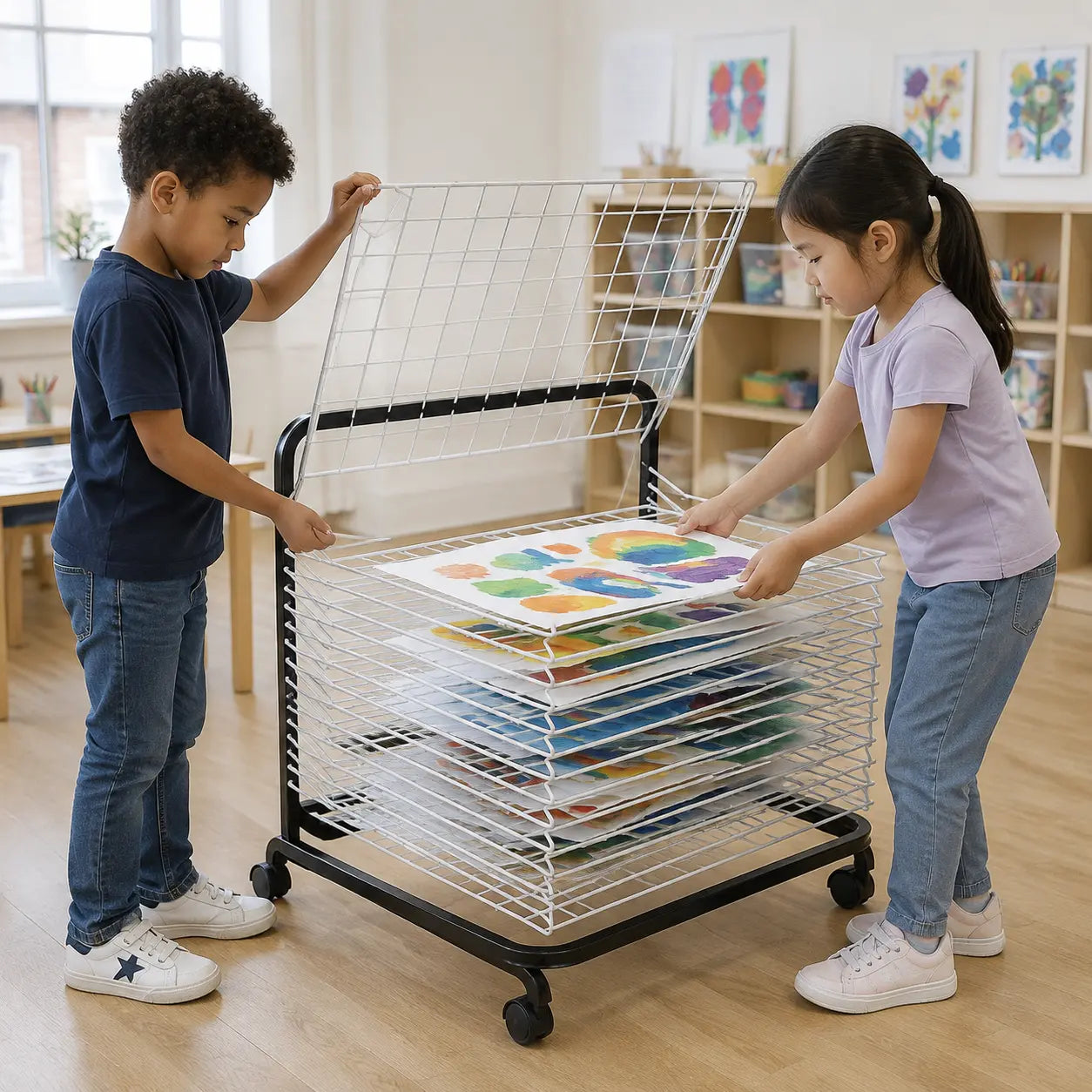 10 Shelf Spring Loaded Dryer in a naturally lit early-years nursery art area, lifestyle image 2