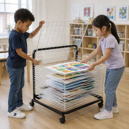 10 Shelf Spring Loaded Dryer in a naturally lit early-years nursery art area, lifestyle image 2
