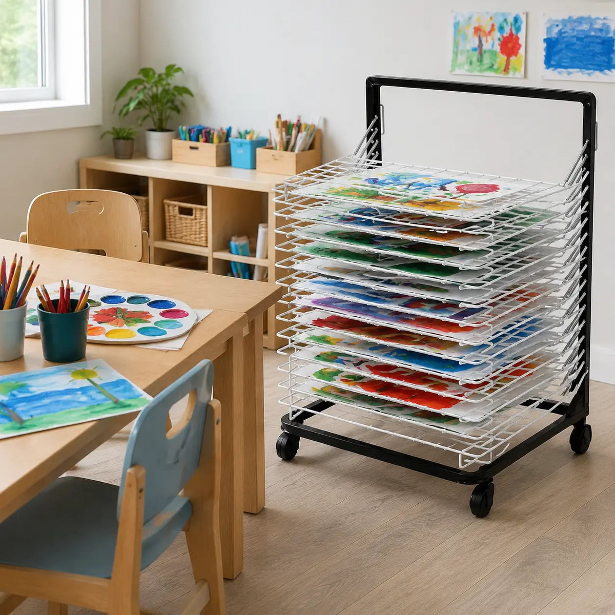 10 Shelf Spring Loaded Dryer in a naturally lit early-years nursery art area, lifestyle image 3