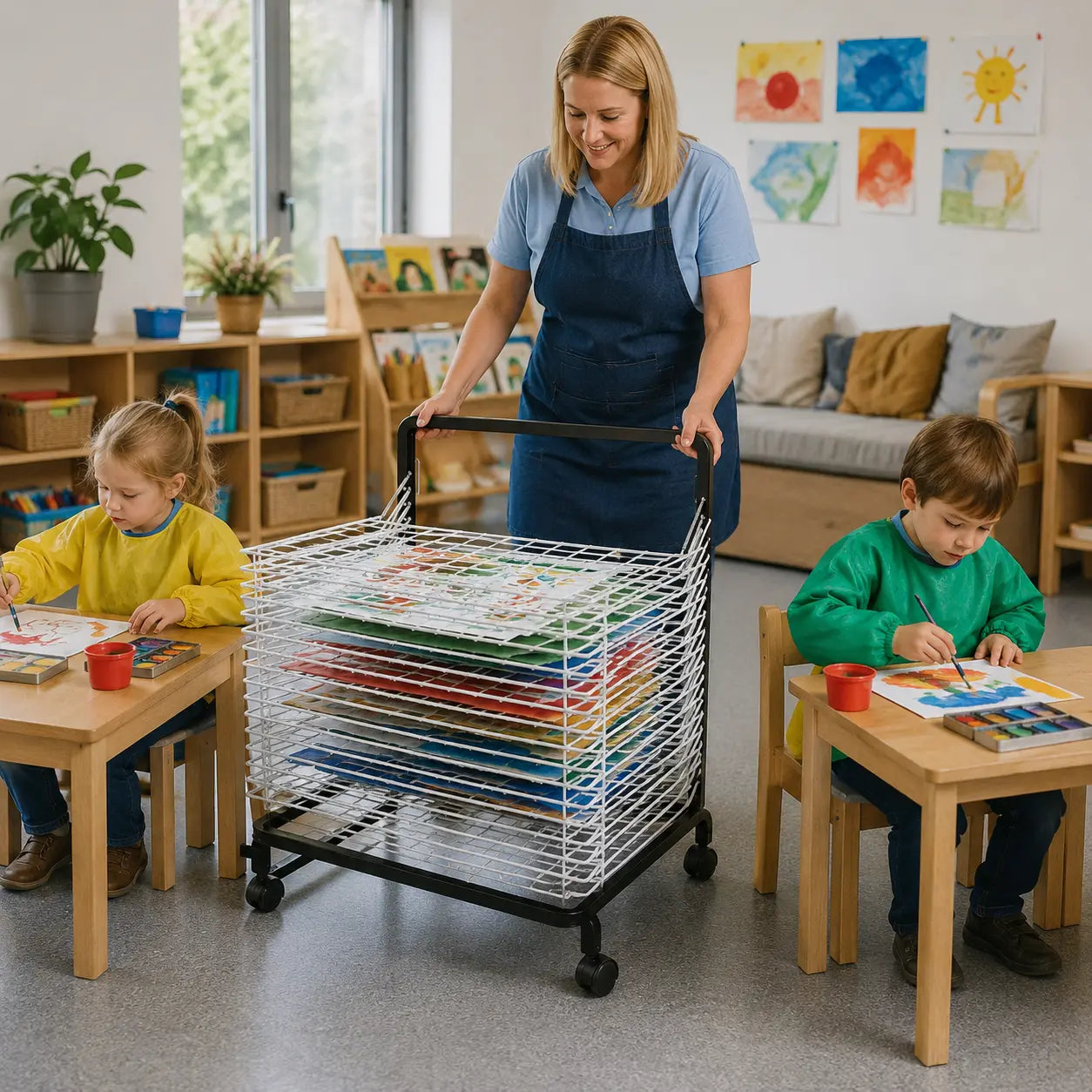 10 Shelf Spring Loaded Dryer in a naturally lit early-years nursery art area, lifestyle image 5