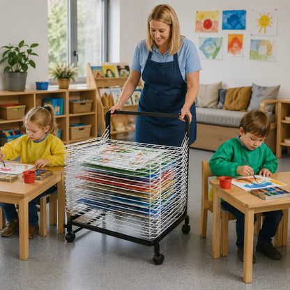 10 Shelf Spring Loaded Dryer in a naturally lit early-years nursery art area, lifestyle image 5