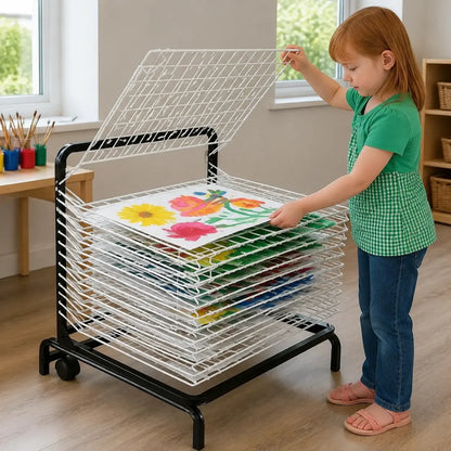 10 Shelf Spring Loaded Dryer in a naturally lit early-years nursery art area, lifestyle image 6