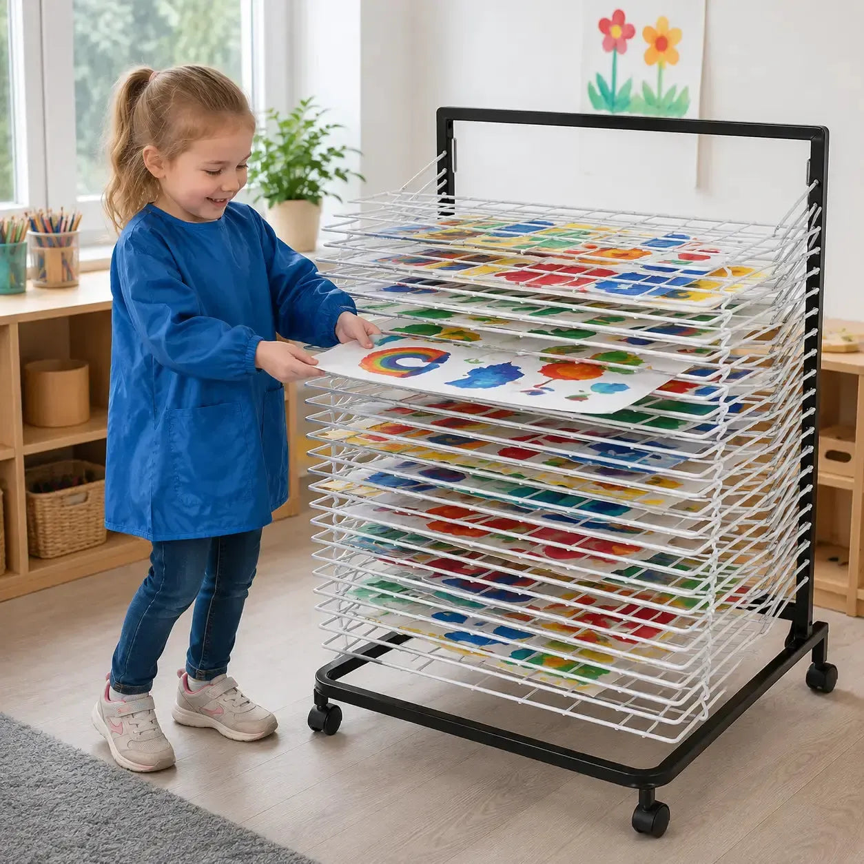 10 Shelf Spring Loaded Dryer in a naturally lit early-years nursery art area, lifestyle image 7