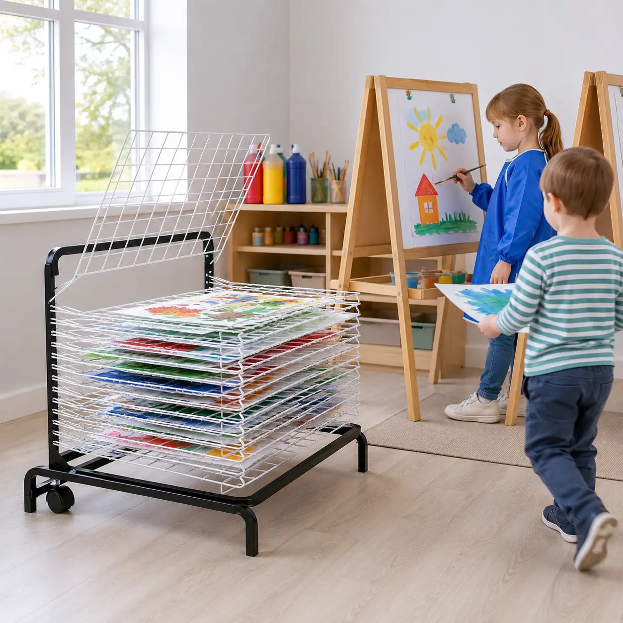 10 Shelf Spring Loaded Dryer in a naturally lit early-years nursery art area, lifestyle image 8