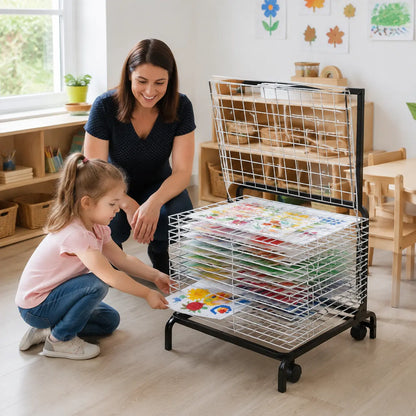 10 Shelf Spring Loaded Dryer in a naturally lit early-years nursery art area, lifestyle image 1