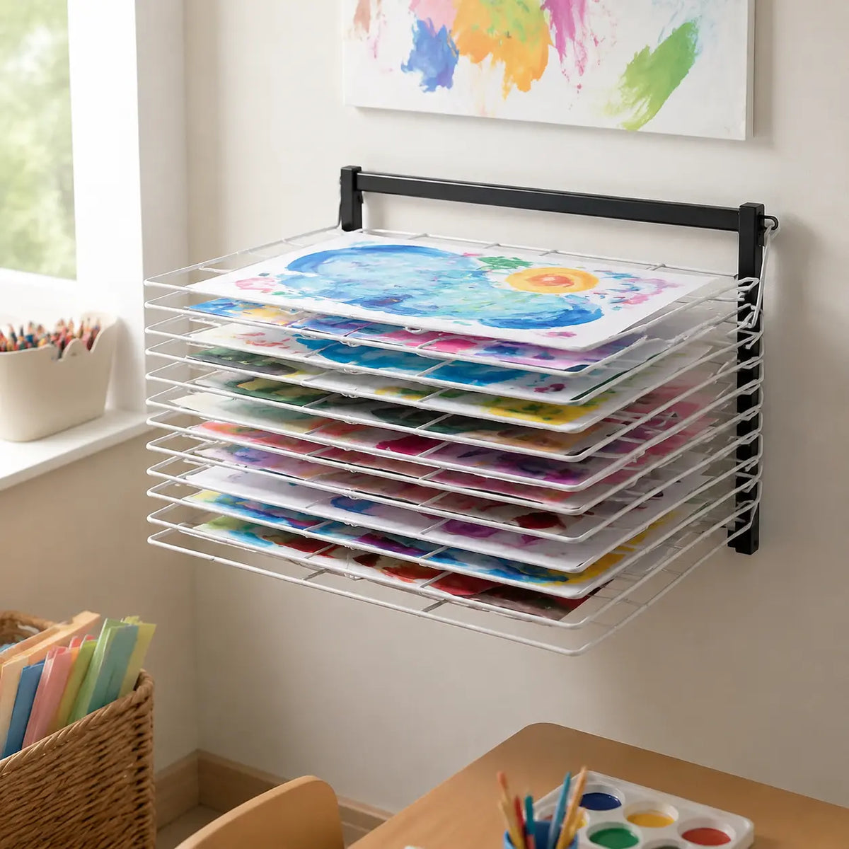 10 Shelf Wall Mounted Art Drying Rack in a naturally lit early-years nursery art area, lifestyle image 4