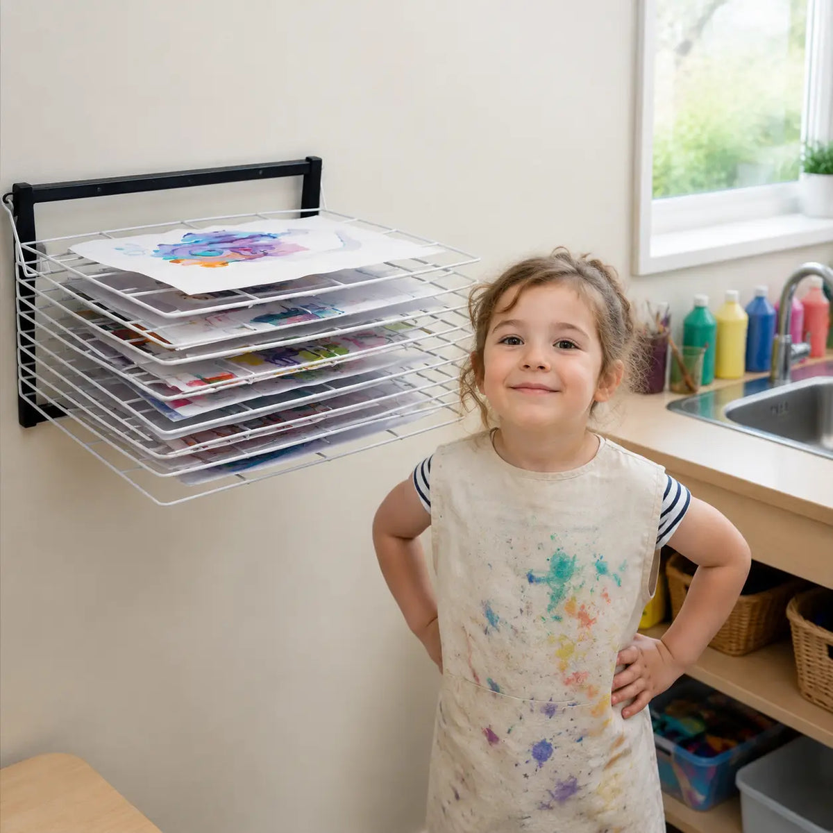 10 Shelf Wall Mounted Art Drying Rack in a naturally lit early-years nursery art area, lifestyle image 5