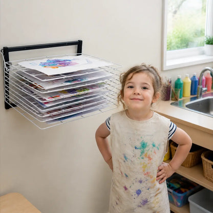 10 Shelf Wall Mounted Art Drying Rack in a naturally lit early-years nursery art area, lifestyle image 5