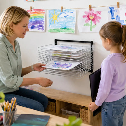 10 Shelf Wall Mounted Art Drying Rack in a naturally lit early-years nursery art area, lifestyle image 6