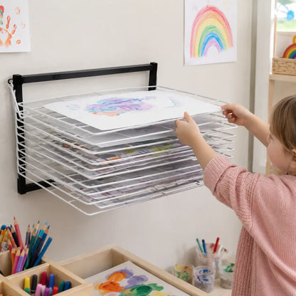 10 Shelf Wall Mounted Art Drying Rack in a naturally lit early-years nursery art area, lifestyle image 7