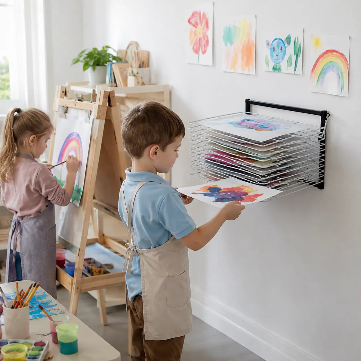 10 Shelf Wall Mounted Art Drying Rack in a naturally lit early-years nursery art area, lifestyle image 8