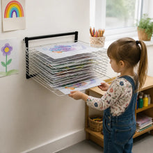 10 Shelf Wall Mounted Art Drying Rack in a naturally lit early-years nursery art area, lifestyle image 1