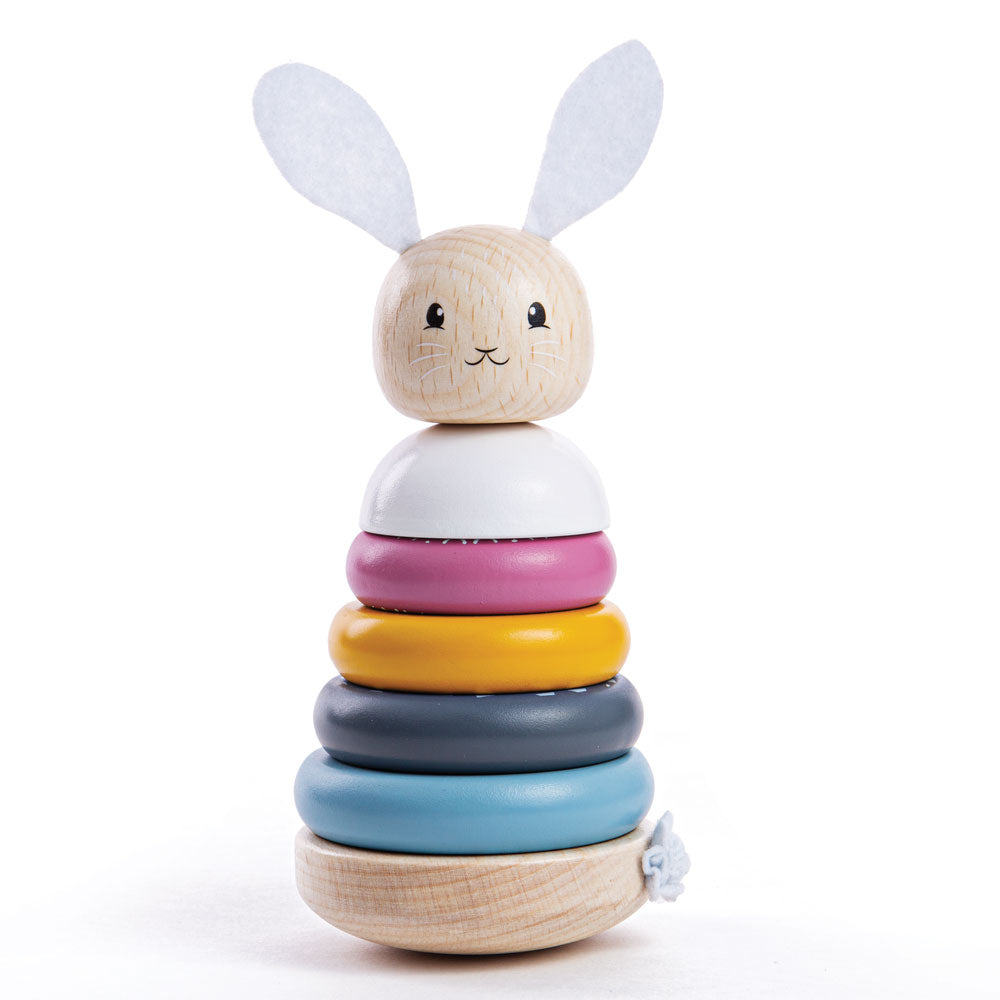 100% FSC Certified Rabbit Stacking Rings, The bright and beautiful FSC Certified Stacking Rings Toy is bound to get little minds raring to go! The cute rabbit design and soft colour palette is a great way for kids to develop their dexterity skills and colour knowledge. The bunny has its own felt ears and tail, which is great for little fingers to touch and learn about different textures. Little ones can stack the vibrant rings from biggest to smallest! The bendy stacking pole makes it a breeze for small han