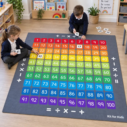 Children matching number cards on the 100 Square Counting Grid Carpet