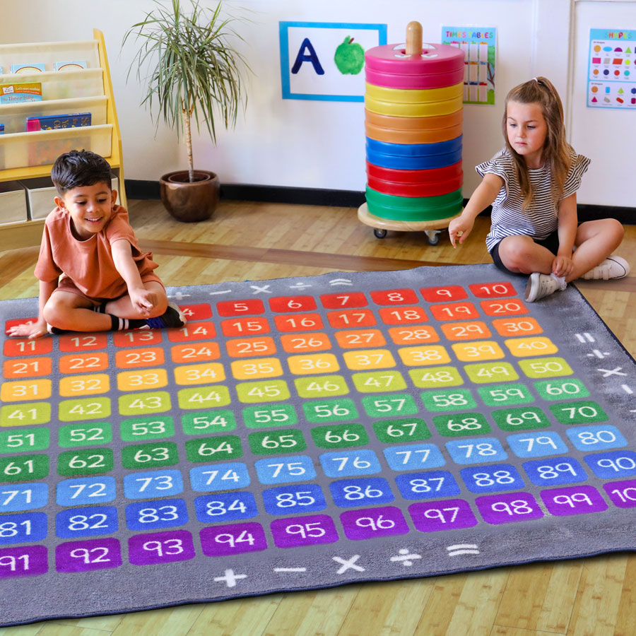 100 Square Counting Grid Carpet, The 100 Square Counting Grid Carpet encourages numeracy skills with these thick and soft Counting and Multiplication carpets.The 100 Square Counting Grid Carpet is perfect for teaching Mathematics and can also be used to support Communication & Language, as one of the other key areas of learning and development. Features of the 100 Square Counting Grid Carpet Extra thick, washable pile with a non-slip back. Edges are fully bound with a stitch wear resistant edge. Distinctive