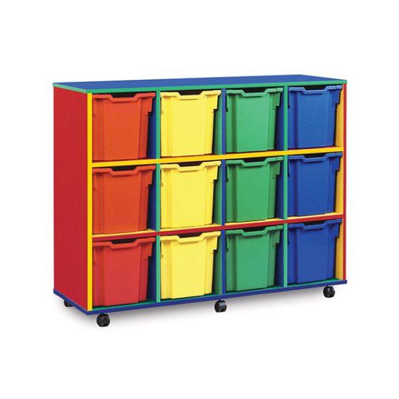 12 Jumbo Tray Monarch Colourful Tray Storage Unit, This colourful range of mobile Tray Storage Units is guaranteed to brighten up any classroom, playroom or bedroom ! Designed for the younger user it is robust and fun to ensure years of practical storage use. Delivered fully assembled and complete with Gratnells trays 12 x jumbo trays You can choose any combination of the 28 Gratnells tray colours available - click on "View more images" for full colour range (please specify on your order) Coloured panels ar