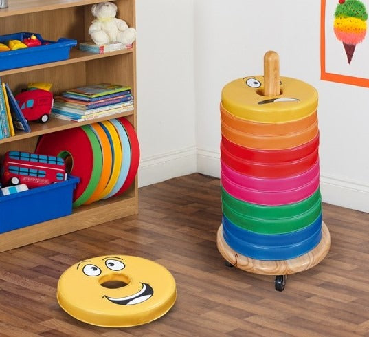 12 Pack Emotions Donut Cushion Trolley, The English Emotions™ Donut™ Cushion Trolley contains brightly coloured cushions printed with facial expressions and keywords! These emotion floor cushions are ideal for schools and nurseries, especially in reading corners and libraries. The English Emotions™ Donut™ Cushion Trolley is a multifunctional classroom essential with an educational benefit, this cushion trolley carries 12 brightly coloured floor cushions (included). Each cushion is printed on both sides; one