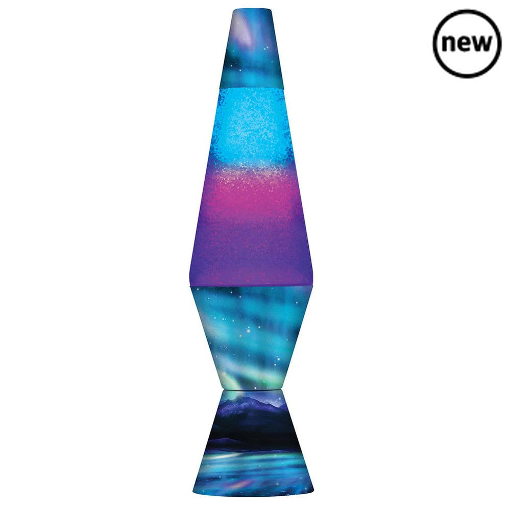 14.5" Northern Lights LAVA Lamp (Purple/Blue), Bring the magic of the aurora borealis right into your kiddie's bedroom with our enchanting Northern Lights Lava Lamp. This captivating lamp is designed to create a mesmerizing purple and blue swirling effect that mimics the splendor of the real Northern Lights. The magic happens within a tri-colored glass globe, where sparkling glitter dances gracefully in clear liquid, producing a dazzling display. What sets this lava lamp apart is the hand-spun metal base. I