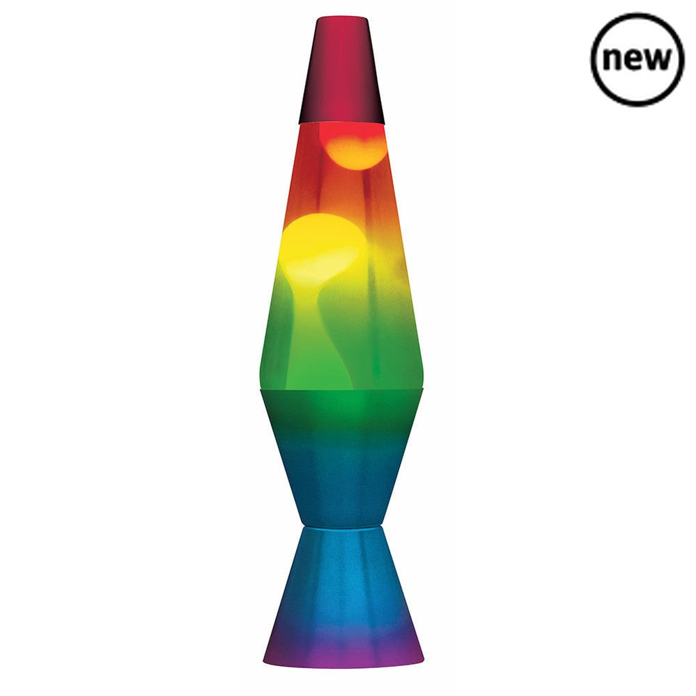 14.5" Rainbow LAVA Lamp, Brighten up your child's day with our captivating Rainbow LAVA Lamp! This mesmerizing Rainbow LAVA Lamp is the perfect addition to children's playrooms, bringing a burst of vibrant colors to their space. The Rainbow LAVA Lamp showcases a mesmerizing display of multicolored wax as it gracefully moves within the liquid, creating a visually stunning spectacle. What sets this lava lamp apart is its rainbow-effect hand-spun metal base, adding an extra touch of enchantment to the experien