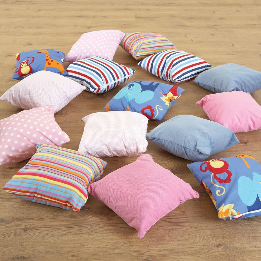 15 Pack Indoor Floor Cushions, This mixed bag of Patterned Indoor floor cushions is ideal for children to sit on, snuggle up with or simply use for role play. The Patterned Indoor floor cushions feature a random selection of bright patterns and colours.The 15 Pack Indoor Floor Cushions features covers washable at 40°C. Fabric designs may vary. Comes with a handy drawstring storage sack. 15 indoor floor cushions Perfect for playing on or a reading seat Supplied with a large storage bag made of wipe-clean fab