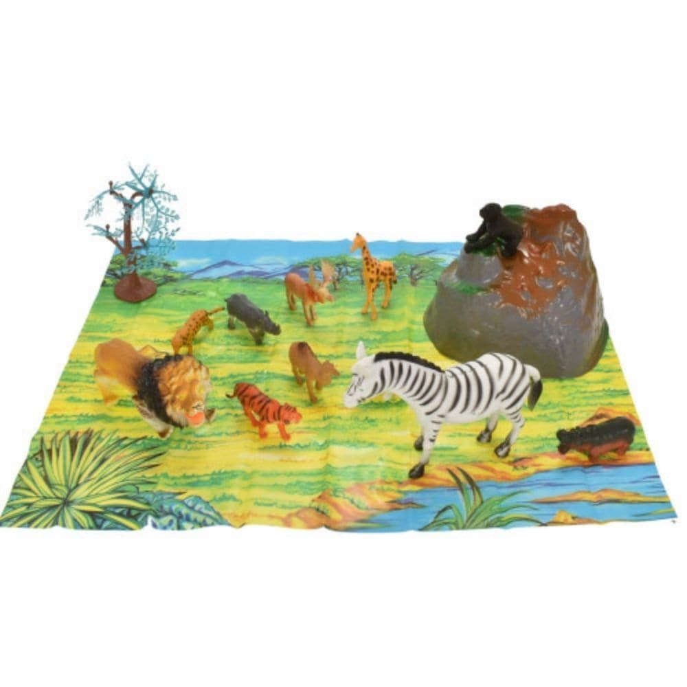15 Piece Animal Tub - Wild Animals, A delightful set of Wild Animals which are a great addition to encourage imaginative play and provide hours of farm fun. The Wild Animals comes with a folding in the Wild themed play mat so you can create a world of wild animals, this is a value laden pack of animals that children will love. A high quality, 15-piece Wild Animal play set including models and Grassland playmat Animals including Lions, Giraffe and Zerba range in size from 5cm to 14cm, the perfect size for li