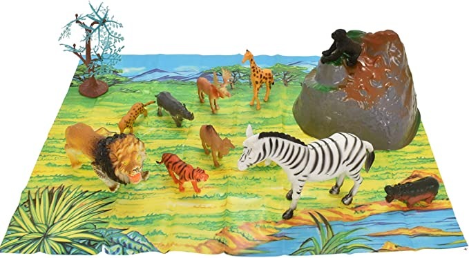 15 Piece Animal Tub - Wild Animals, A delightful set of Wild Animals which are a great addition to encourage imaginative play and provide hours of farm fun. The Wild Animals comes with a folding in the Wild themed play mat so you can create a world of wild animals, this is a value laden pack of animals that children will love. A high quality, 15-piece Wild Animal play set including models and Grassland playmat Animals including Lions, Giraffe and Zerba range in size from 5cm to 14cm, the perfect size for li