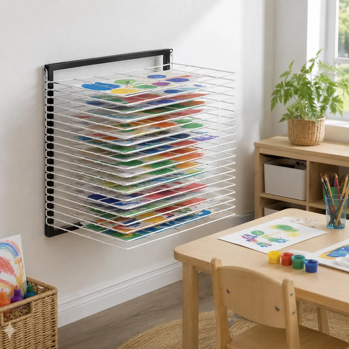 15 Shelf Wall Mounted Art Drying Rack in a naturally lit early-years nursery art area, lifestyle image 3
