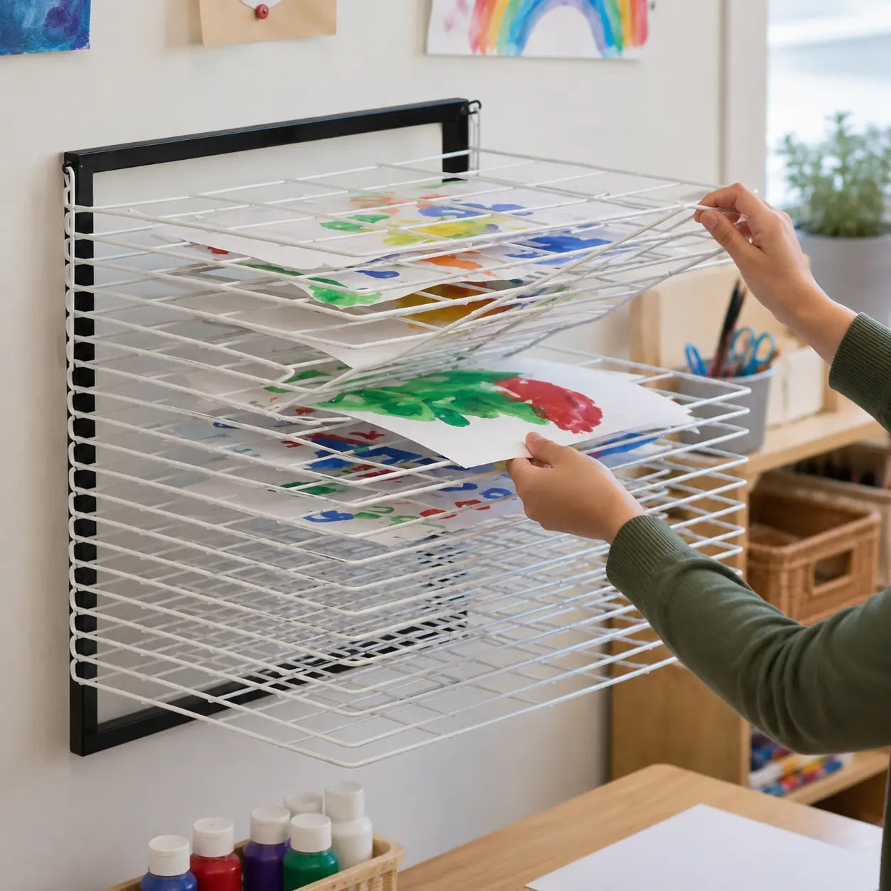 15 Shelf Wall Mounted Art Drying Rack in a naturally lit early-years nursery art area, lifestyle image 4