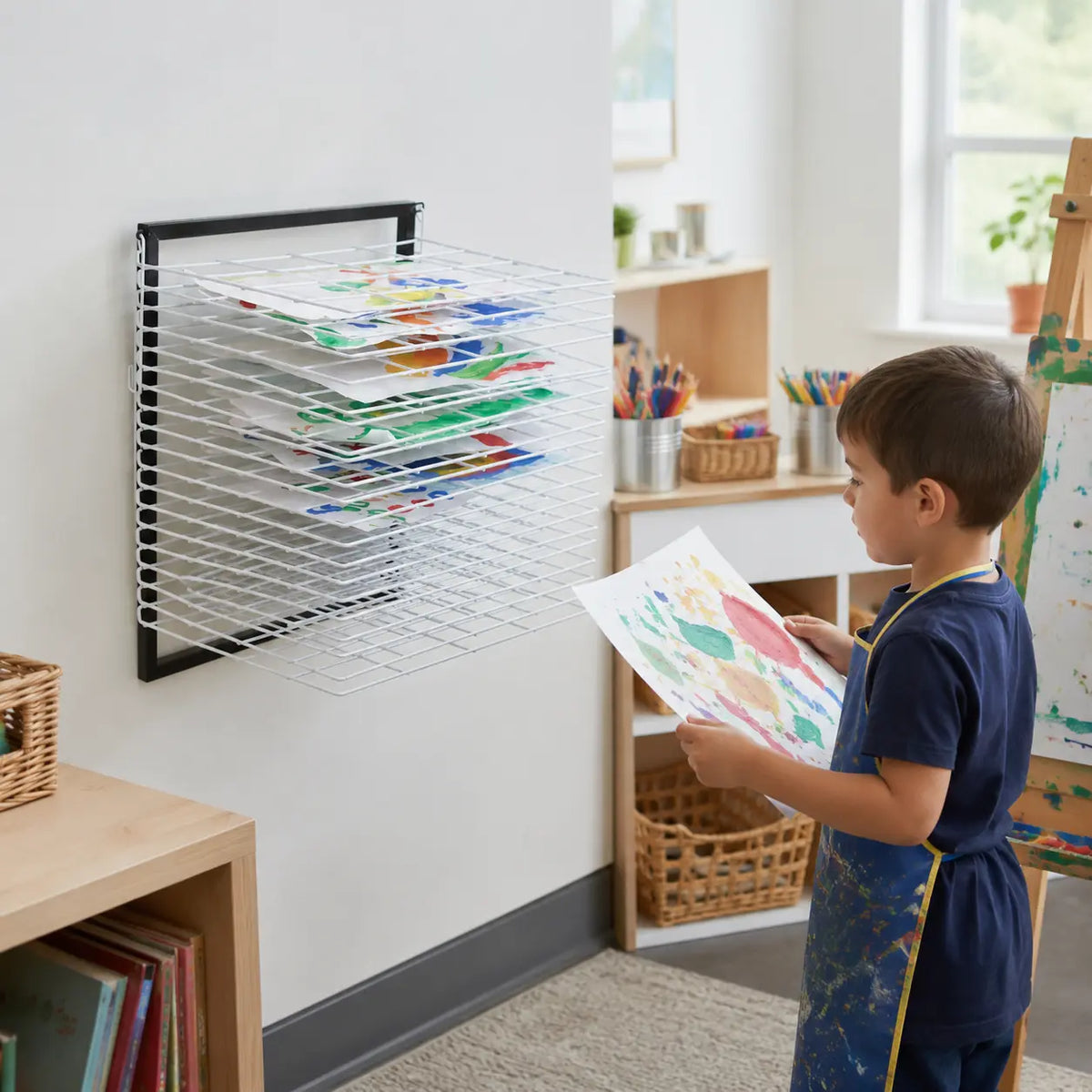 15 Shelf Wall Mounted Art Drying Rack in a naturally lit early-years nursery art area, lifestyle image 6