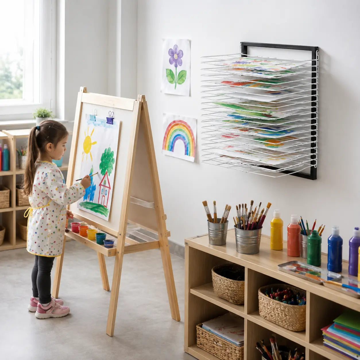 15 Shelf Wall Mounted Art Drying Rack in a naturally lit early-years nursery art area, lifestyle image 7
