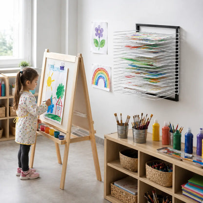 15 Shelf Wall Mounted Art Drying Rack in a naturally lit early-years nursery art area, lifestyle image 7