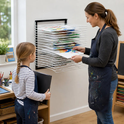 15 Shelf Wall Mounted Art Drying Rack in a naturally lit early-years nursery art area, lifestyle image 8