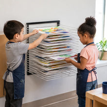 15 Shelf Wall Mounted Art Drying Rack in a naturally lit early-years nursery art area, lifestyle image 1