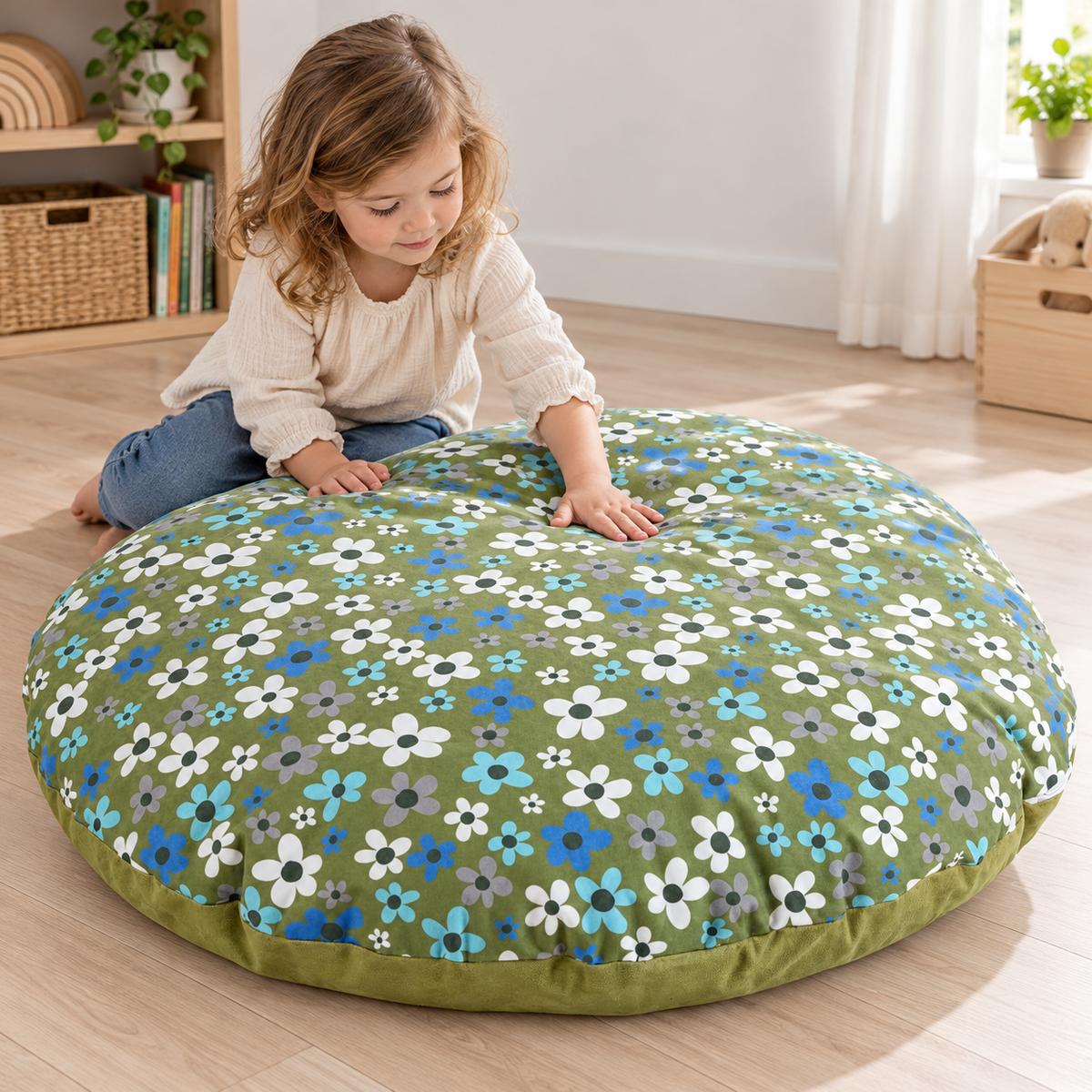 Child exploring the Large Round Floor Cushion floral fabric
