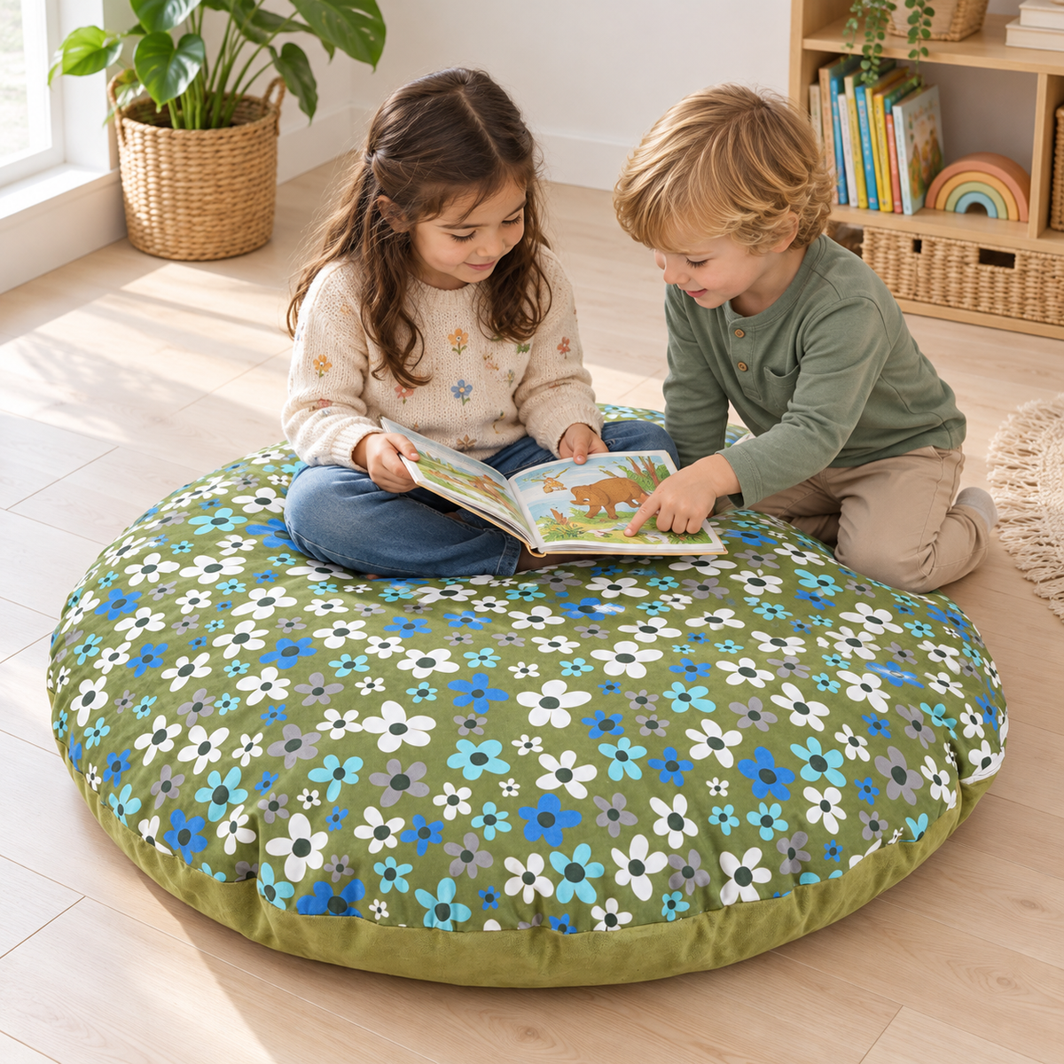 Two children sharing a book with the round floor cushion