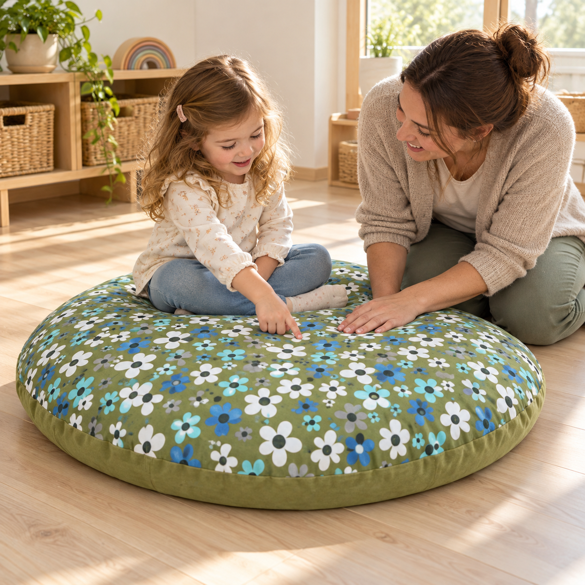 Child and practitioner discussing the round cushion flower print