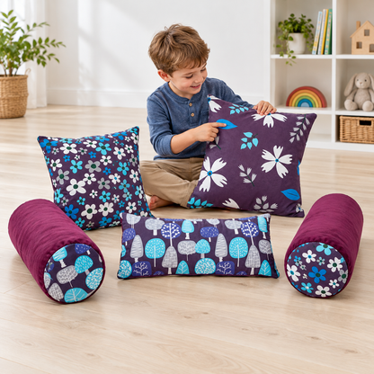 Child exploring the leaf print on the Plum Printed Cushion Set