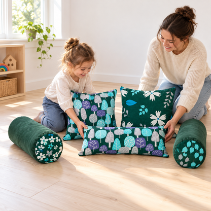 Child and practitioner arranging the Forest Printed Cushion Set