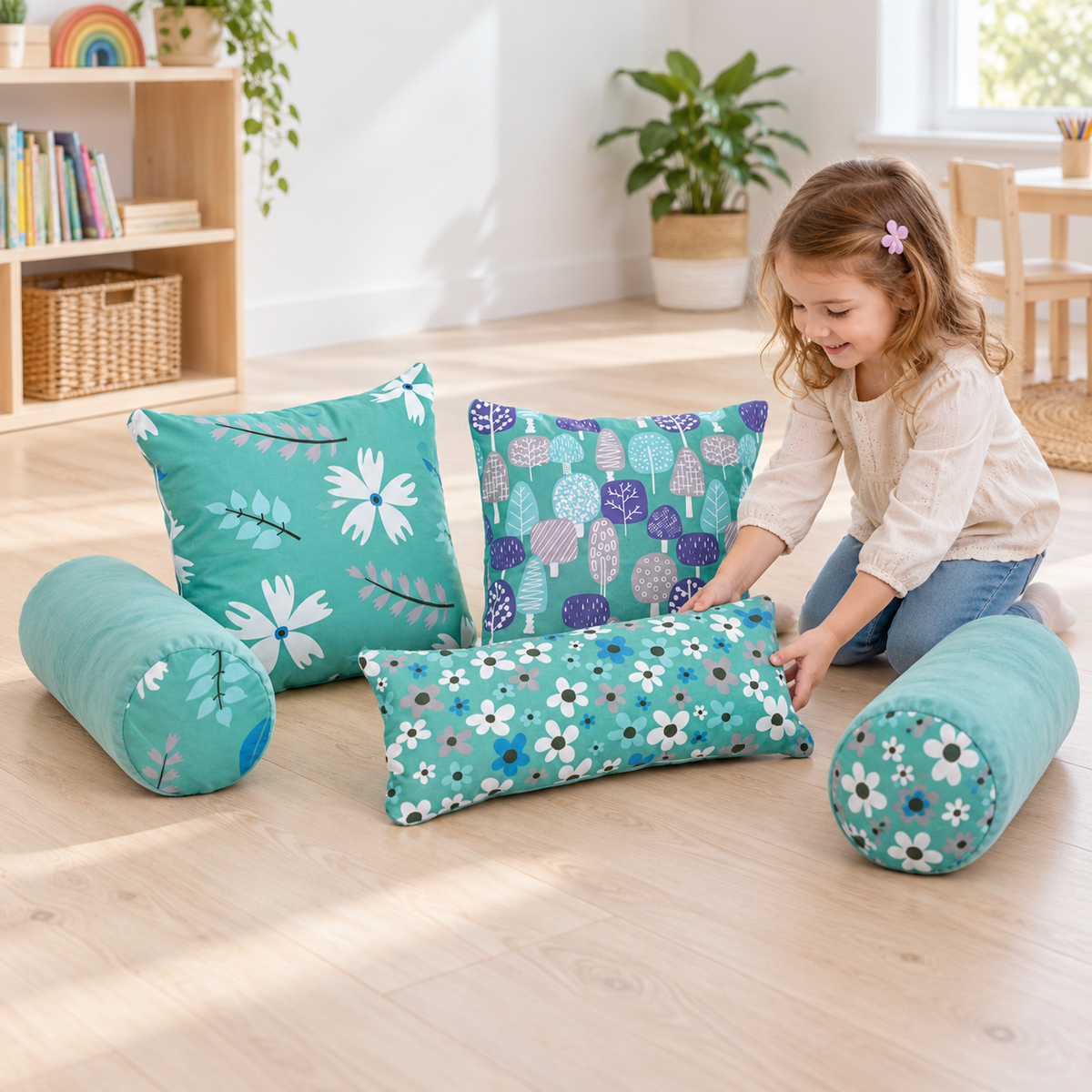 Child positioning the oblong cushion in the Aqua Printed Cushion Set