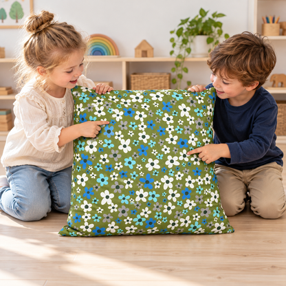 Two children pointing to flowers on the Square Floor Cushion