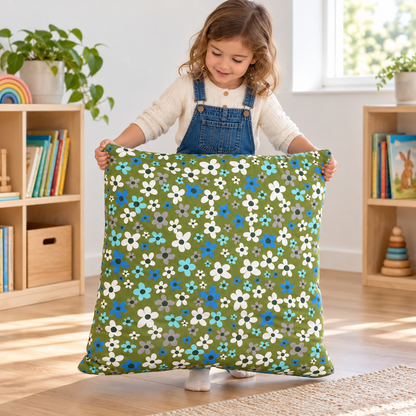 Child carrying the Olive Flowers Square Floor Cushion in a preschool