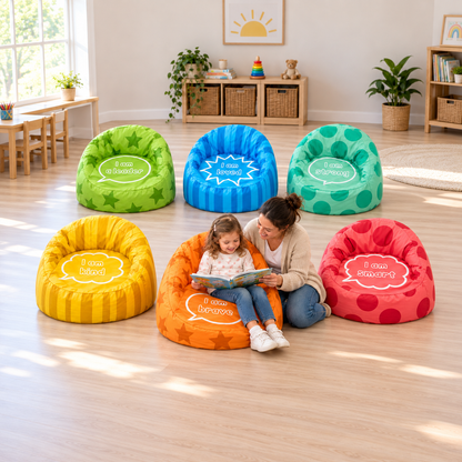 Child using the orange chair during storytime in the six-chair Wellbeing set