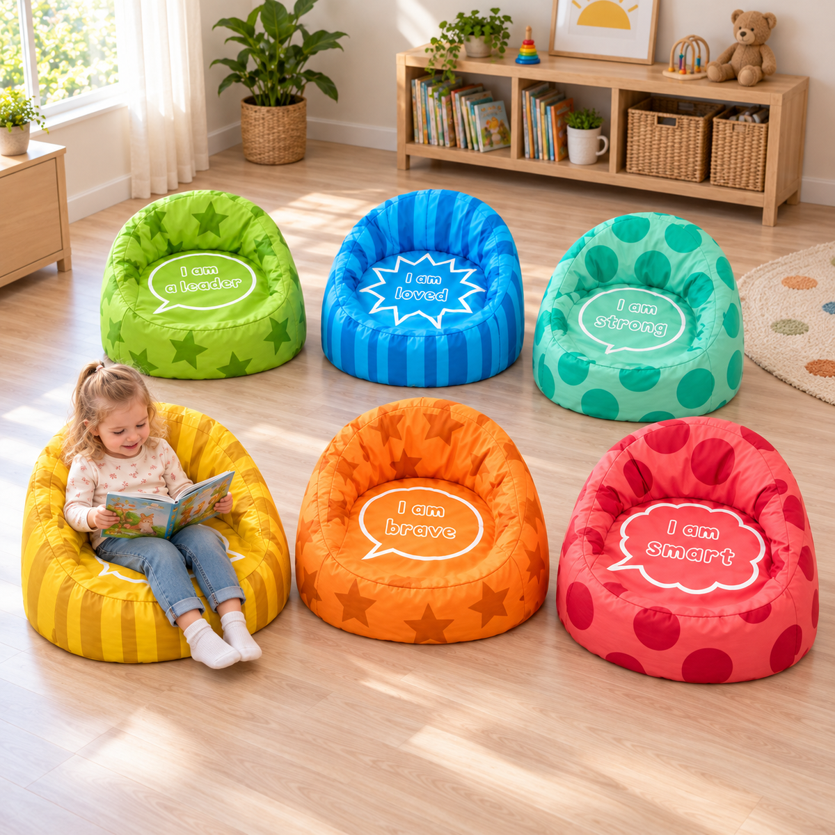 Child reading in the yellow Wellbeing Beany Chair with the complete set nearby