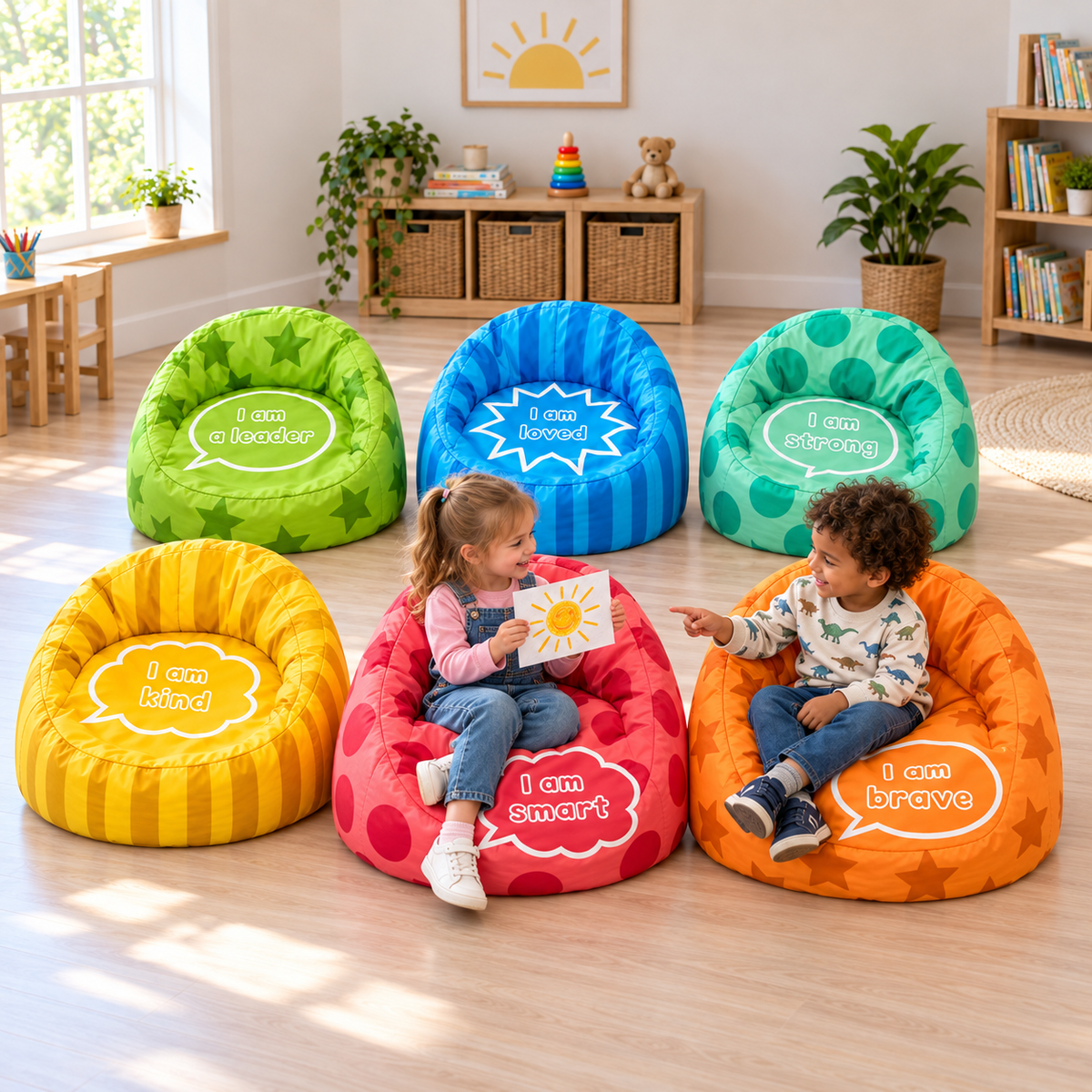 Two children sharing a drawing while seated in Wellbeing Beany Chairs