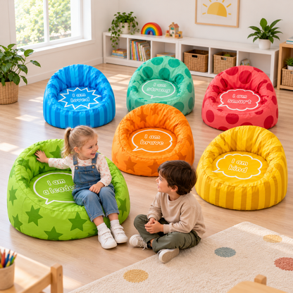 Child noticing the green chair star print in the six-chair Wellbeing set